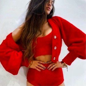 For Love and Lemons fiona red fuzzy cardigan size small NWT